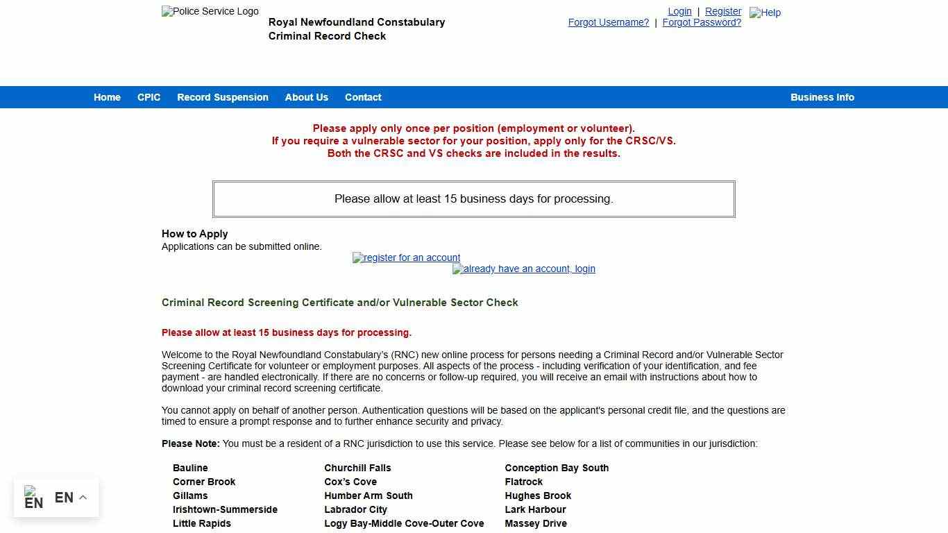 Criminal Record Check :: Royal Newfoundland Constabulary :: Consumer :: Home